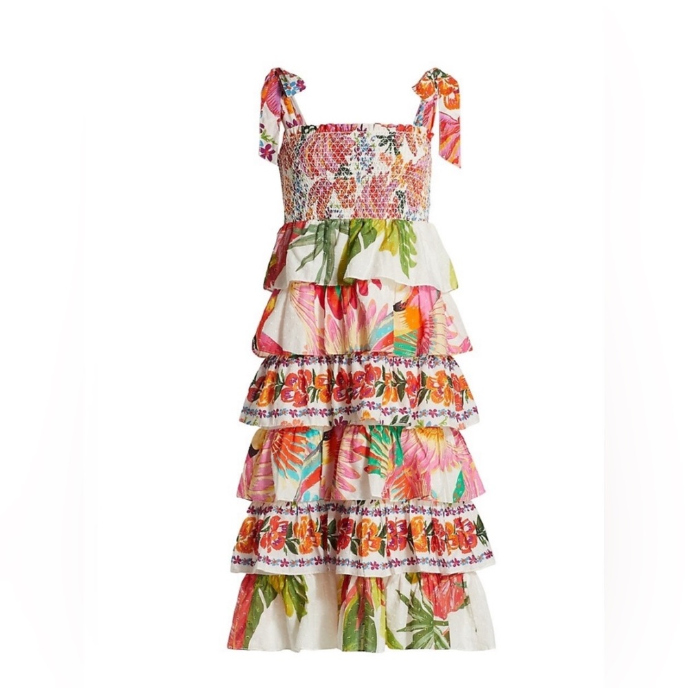 Farm Rio Tropical Print Tiered Cotton Dress Smocked
Bodice Tie Sleeve